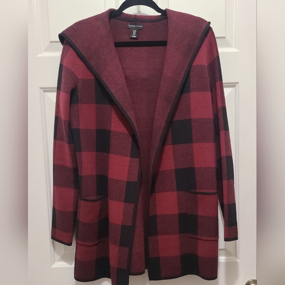 Adrienne Vittadini Jackets & Blazers - Adrienne Vittadini Open Front Shawl Collar Buffalo Check Hood Cardigan Coat